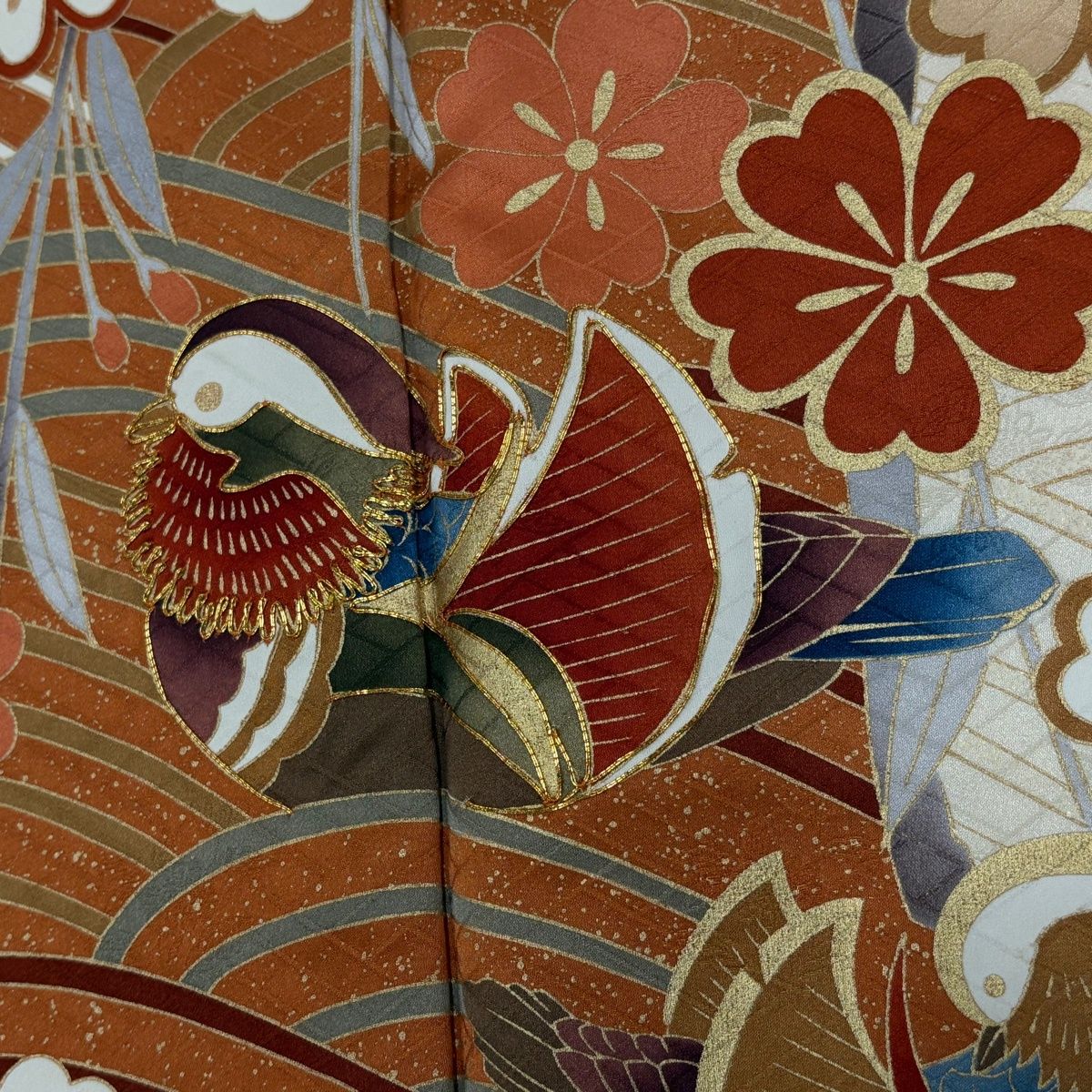  振袖 身丈167 cm 裄丈67 M 袷 鴛鴦 桜 金糸 金彩 オレンジ 正絹 秀品 振袖 着物