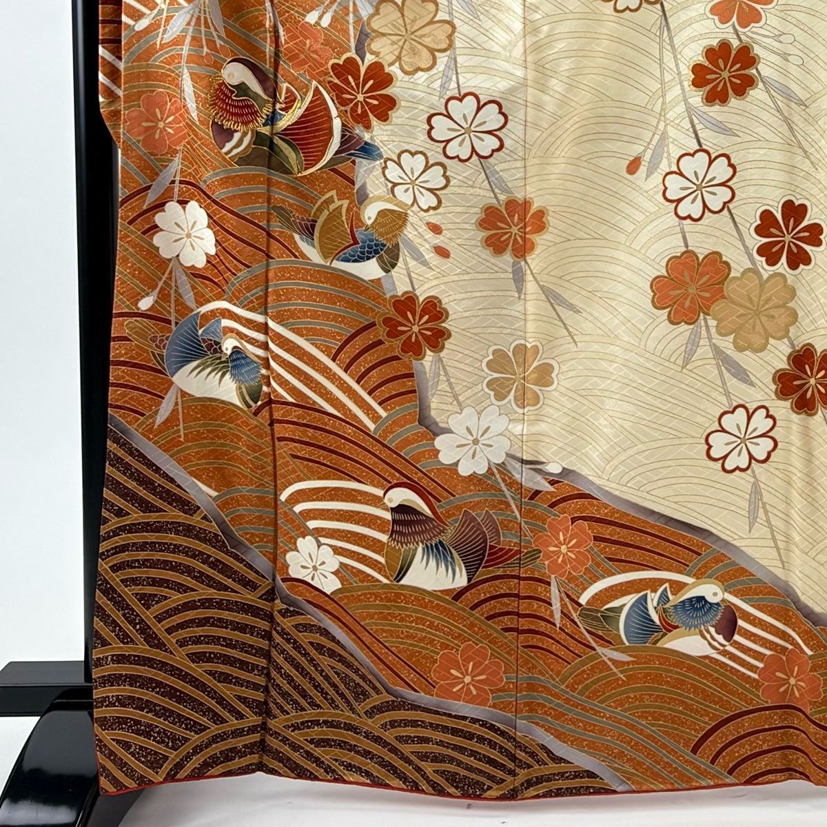 振袖 身丈167 cm 裄丈67 M 袷 鴛鴦 桜 金糸 金彩 オレンジ 正絹 秀品