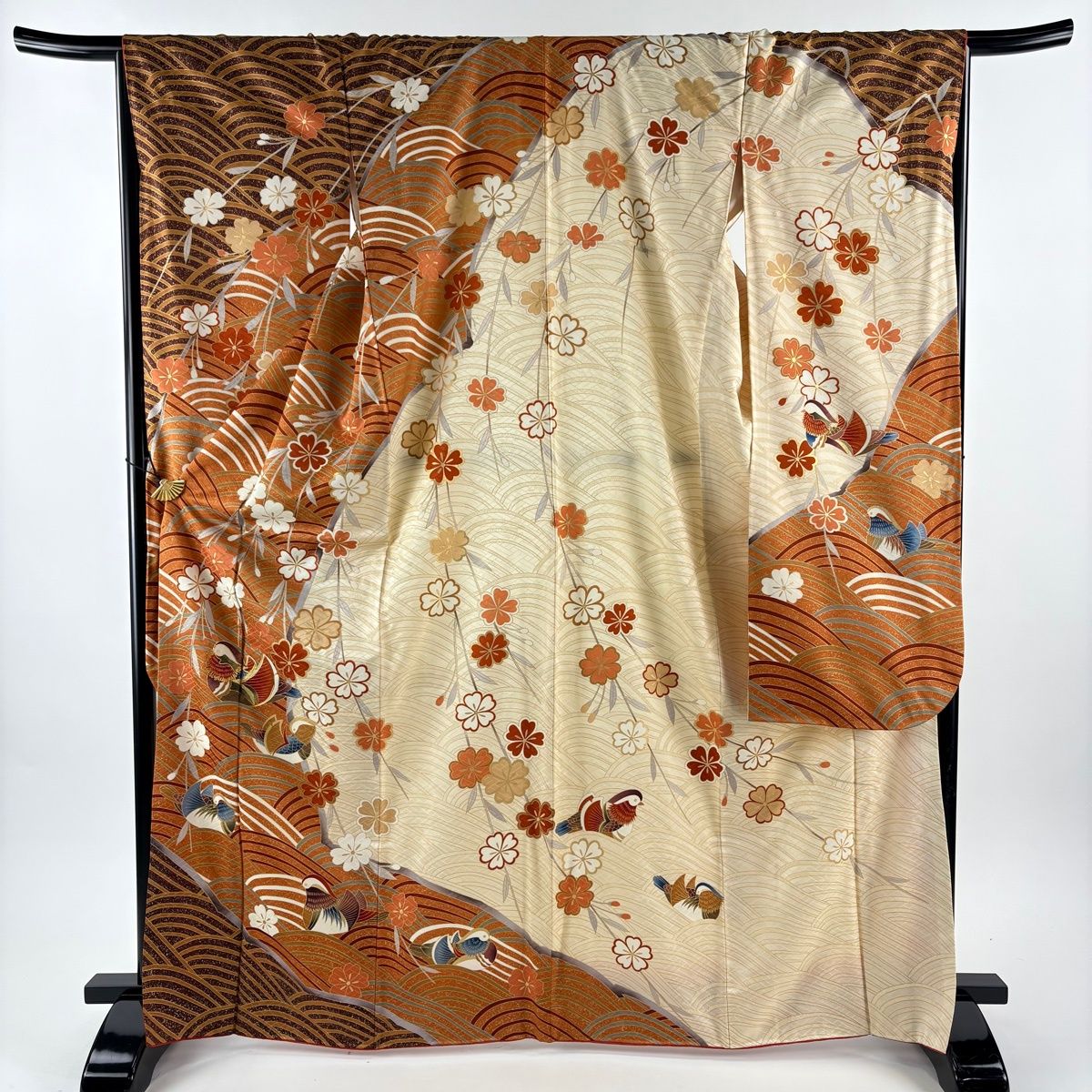 振袖 身丈167 cm 裄丈67 M 袷 鴛鴦 桜 金糸 金彩 オレンジ 正絹 秀品
