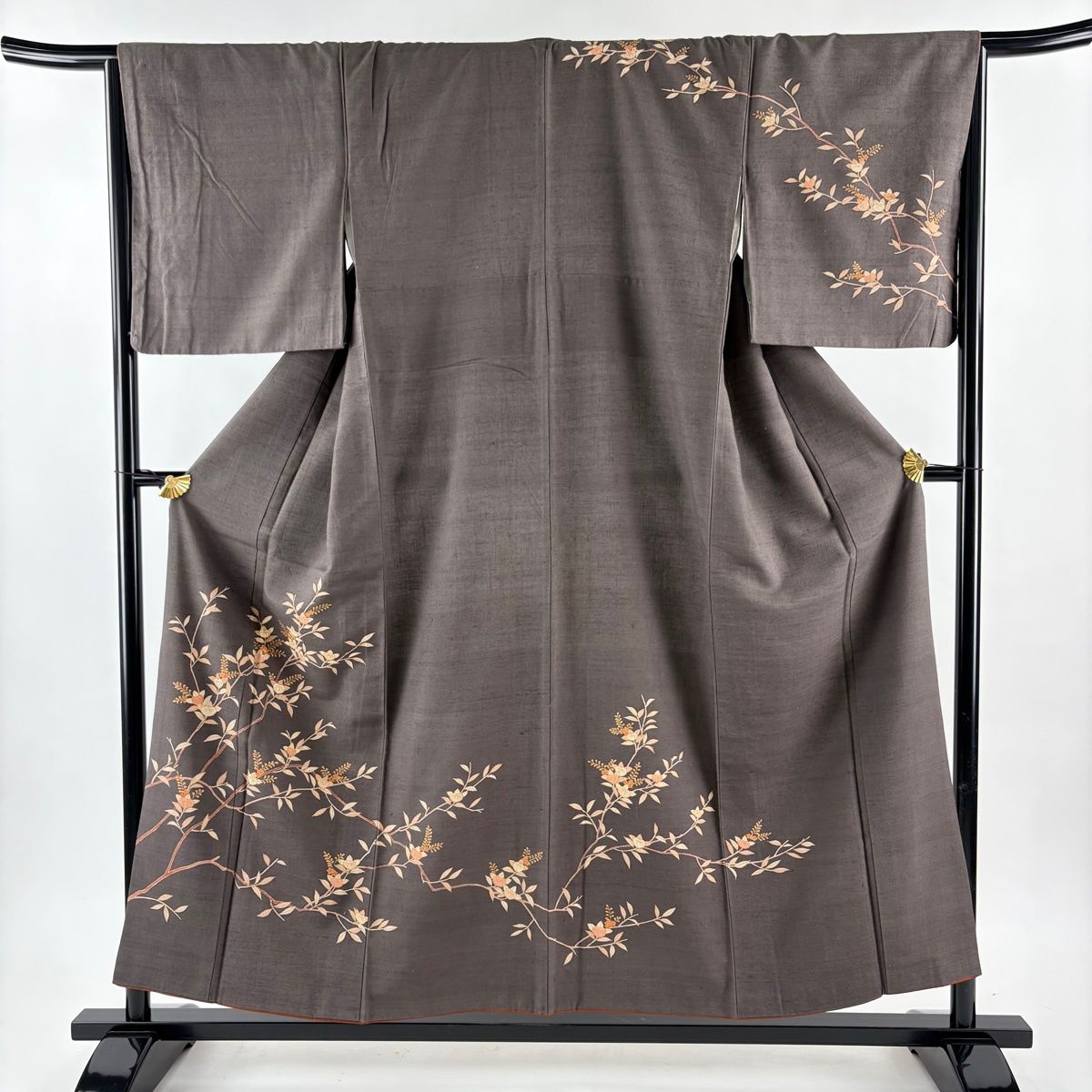 訪問着 身丈154 cm 裄丈66 5 M 袷 紬地 橘 金彩 刺繍 焦茶色 正絹 秀品