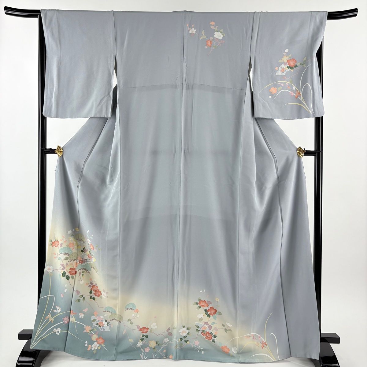 訪問着 身丈166 cm 裄丈67 M 袷 枝花 扇面 ぼかし 青灰色 正絹 秀品