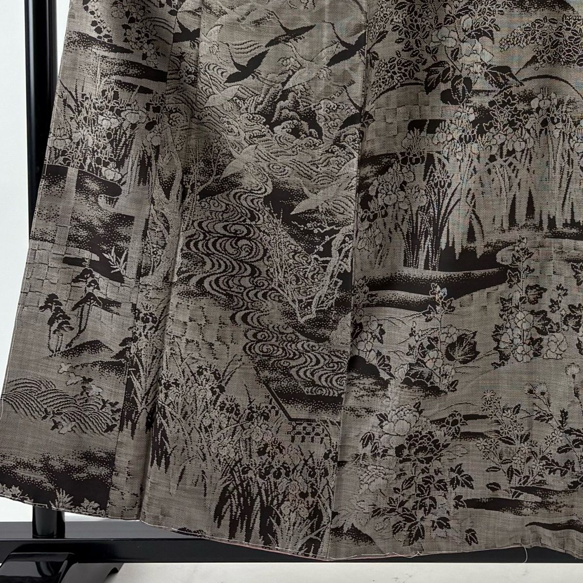 紬 身丈158.5 cm 裄丈68 L 袷 風景 鶴 焦茶色 正絹 秀品