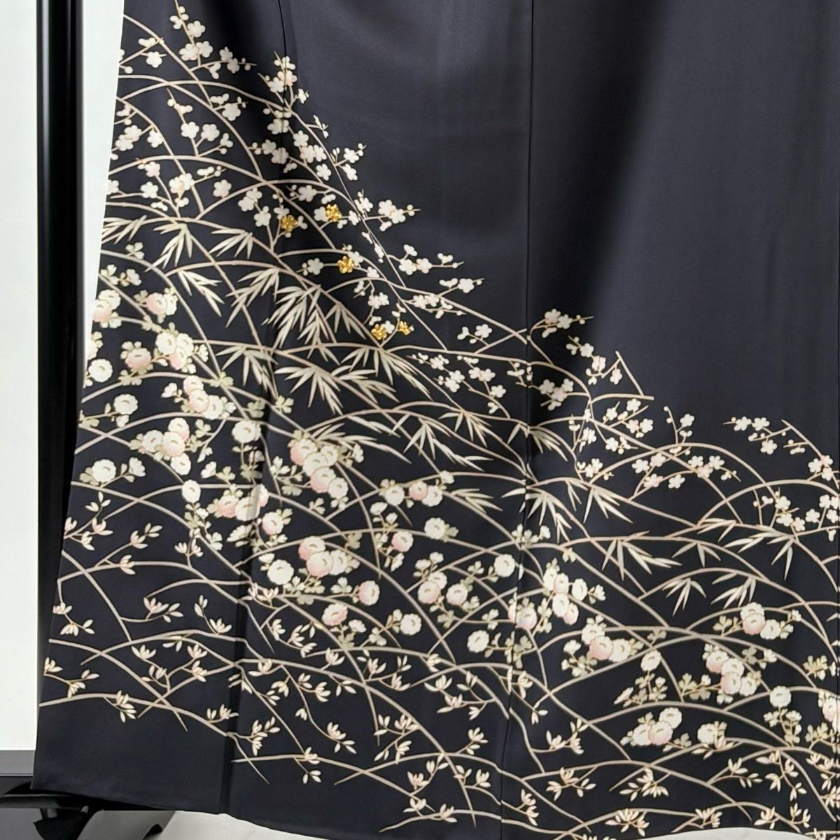訪問着 身丈162 cm 裄丈66 M 袷 梅 笹 金糸 金彩 濃紺 正絹 秀品