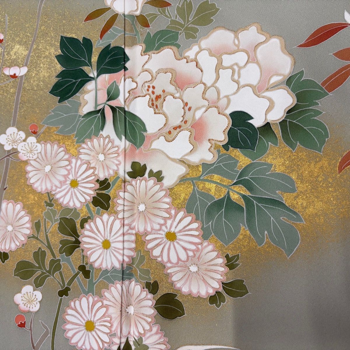 訪問着 身丈161cm 裄丈65.5cm M 袷 落款 牡丹 流水 金彩 金糸 よもぎ色