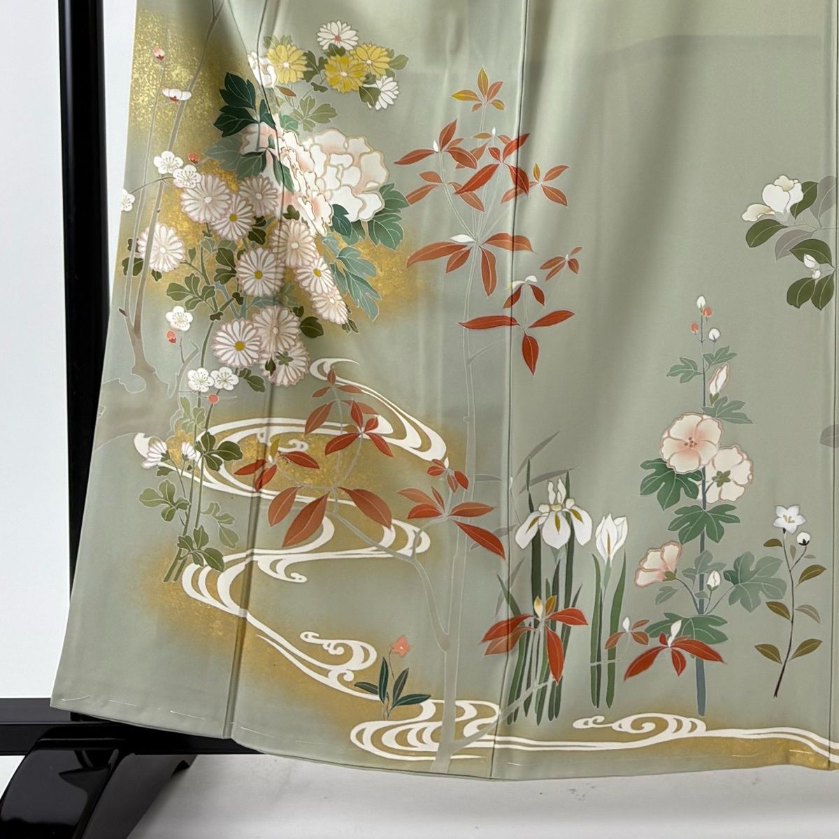 ★専用★未使用品 訪問着 金茶 流水 竹 牡丹 刺繍 金彩加工 身丈162cm 訪問着 身丈161cm 裄丈65.5cm M 袷 落款 牡丹 流水 金彩 金糸 よもぎ色