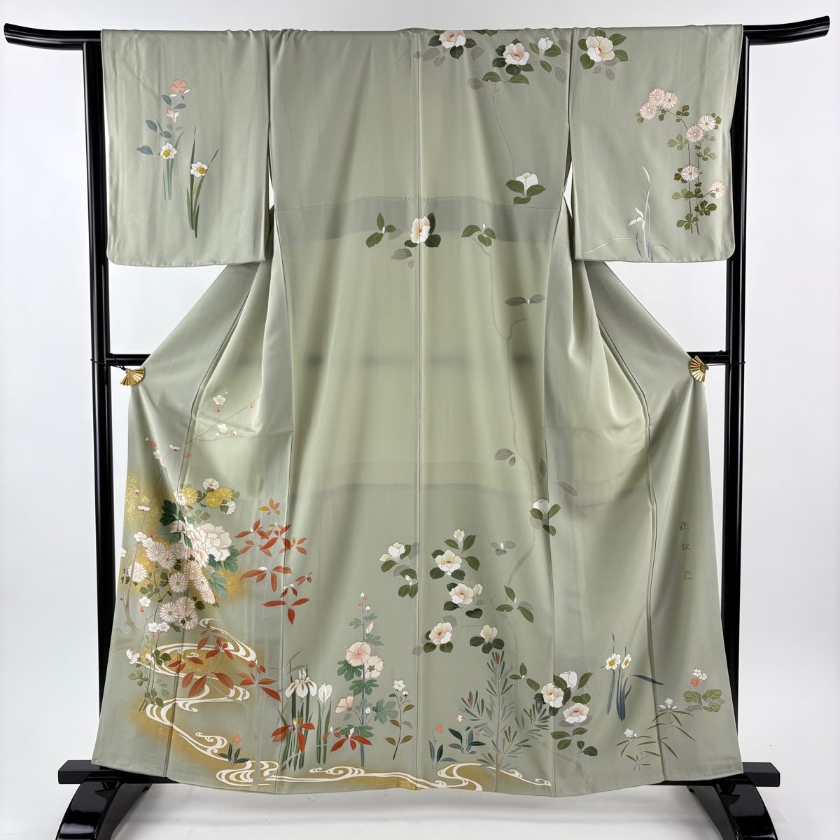 訪問着 身丈161 cm 裄丈65 5 M 袷 落款 牡丹 流水 金彩 金糸 よもぎ色 正絹 秀品 一つ紋