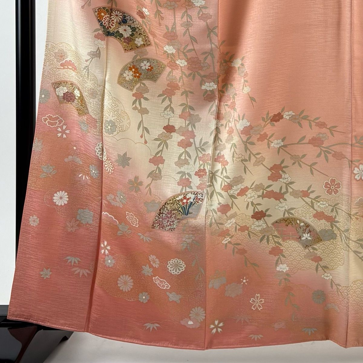 訪問着 身丈163.5 cm 裄丈65 M 袷 扇面 枝垂れ桜 金銀彩 ぼかし サーモンピンク 正絹 秀品