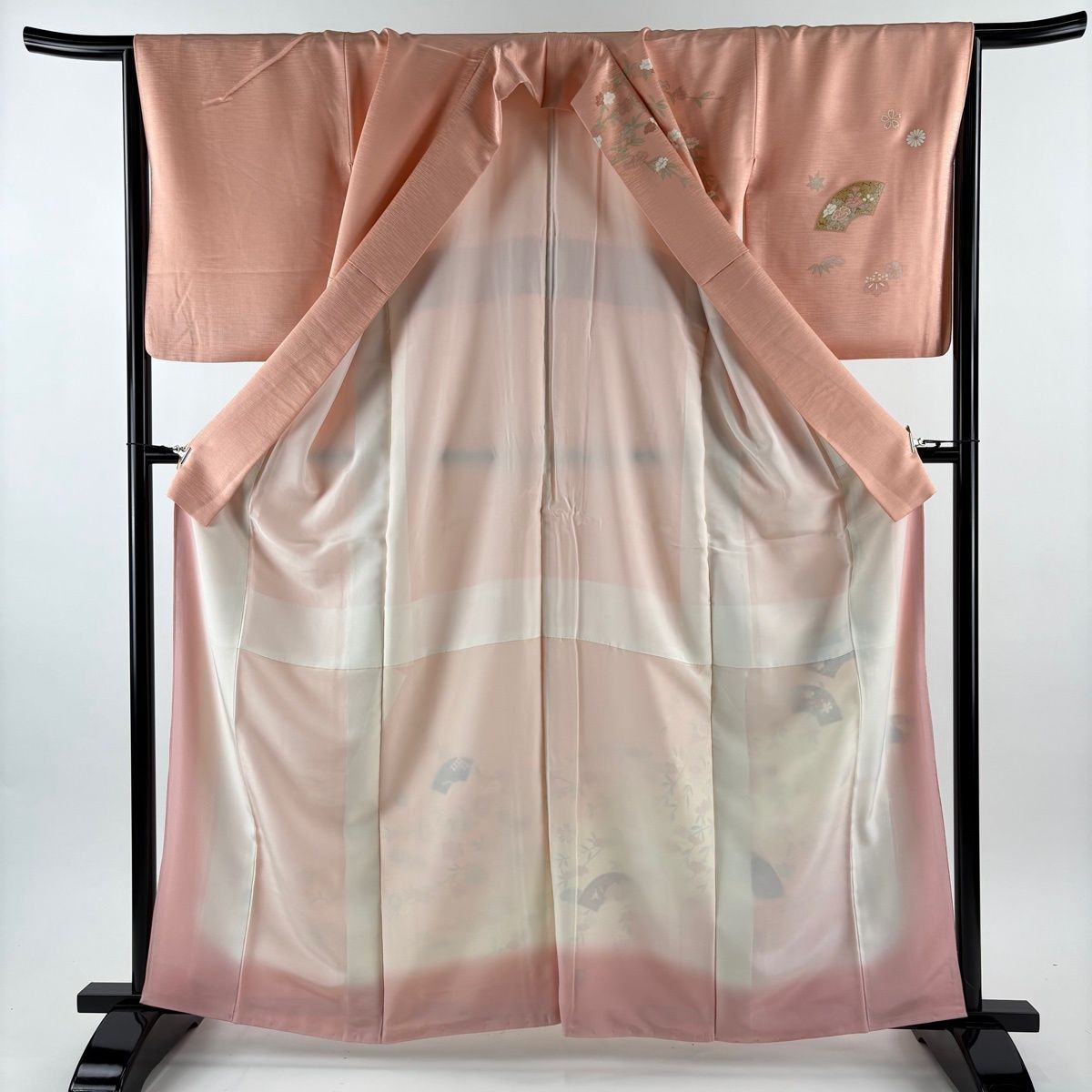  訪問着 身丈163.5 cm 裄丈65 M 袷 扇面 枝垂れ桜 金銀彩 ぼかし サーモンピンク 正絹 秀品 訪問着 付け下げ 着物