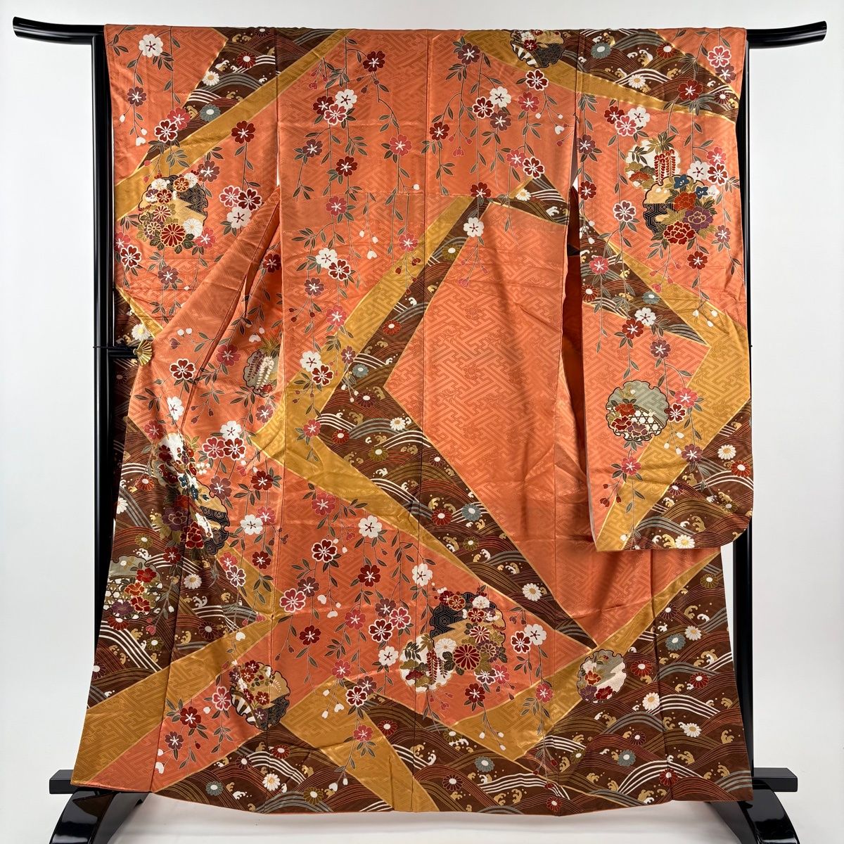 振袖 身丈162cm 裄丈64cm M 袷 雪輪 草花 金彩 赤茶 正絹 秀品 【中古