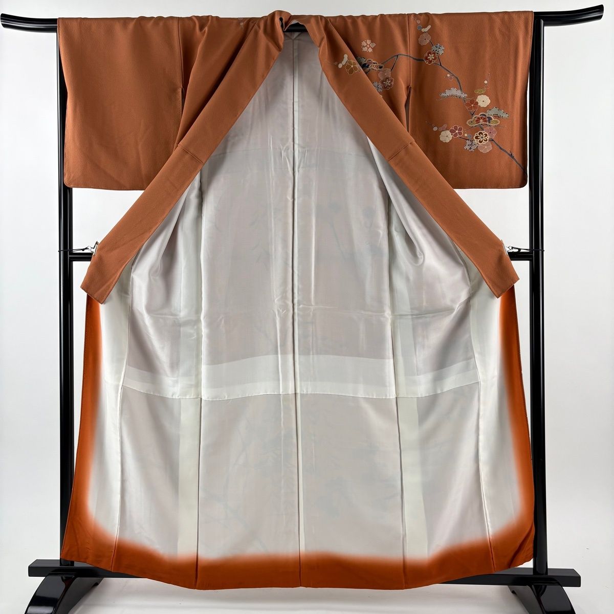  訪問着 身丈161 5 cm 裄丈65 M 袷 松 梅 刺繍 金糸 赤茶 正絹 秀品 訪問着 付け下げ 着物