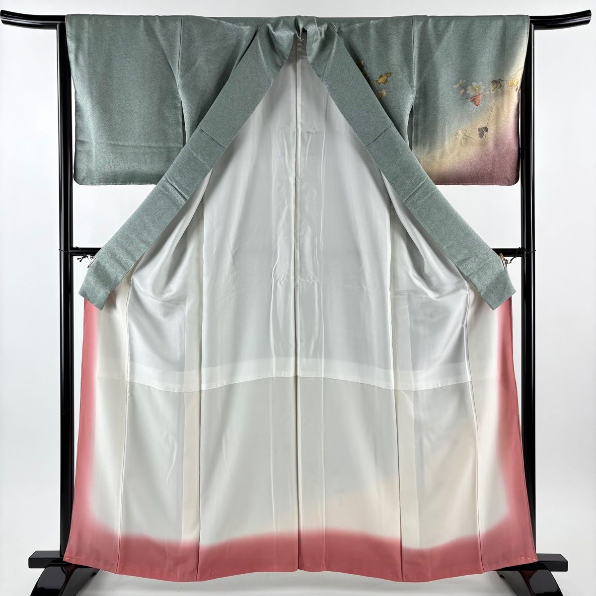  付下げ 身丈162 cm 裄丈65 M 袷 枝花 螺鈿 金彩 灰緑 正絹 秀品 訪問着 付け下げ 着物