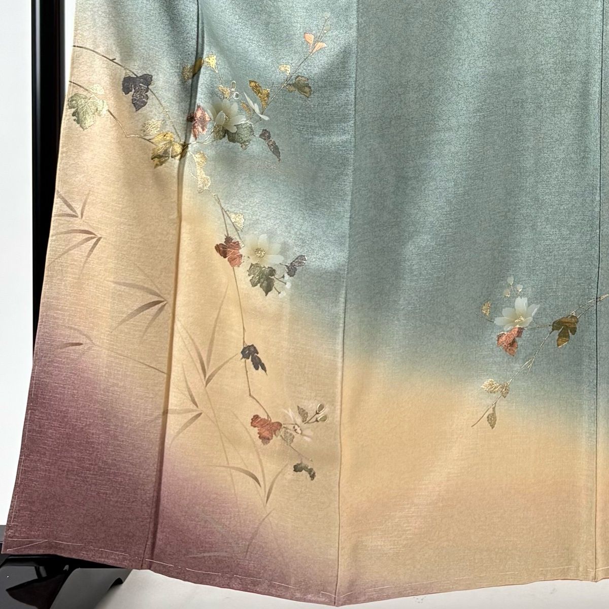 付下げ 身丈162 cm 裄丈65 M 袷 枝花 螺鈿 金彩 灰緑 正絹 秀品