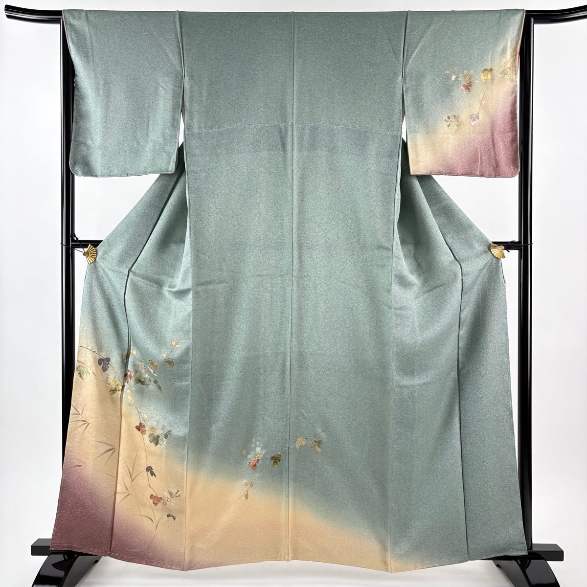 付下げ 身丈162 cm 裄丈65 M 袷 枝花 螺鈿 金彩 灰緑 正絹 秀品
