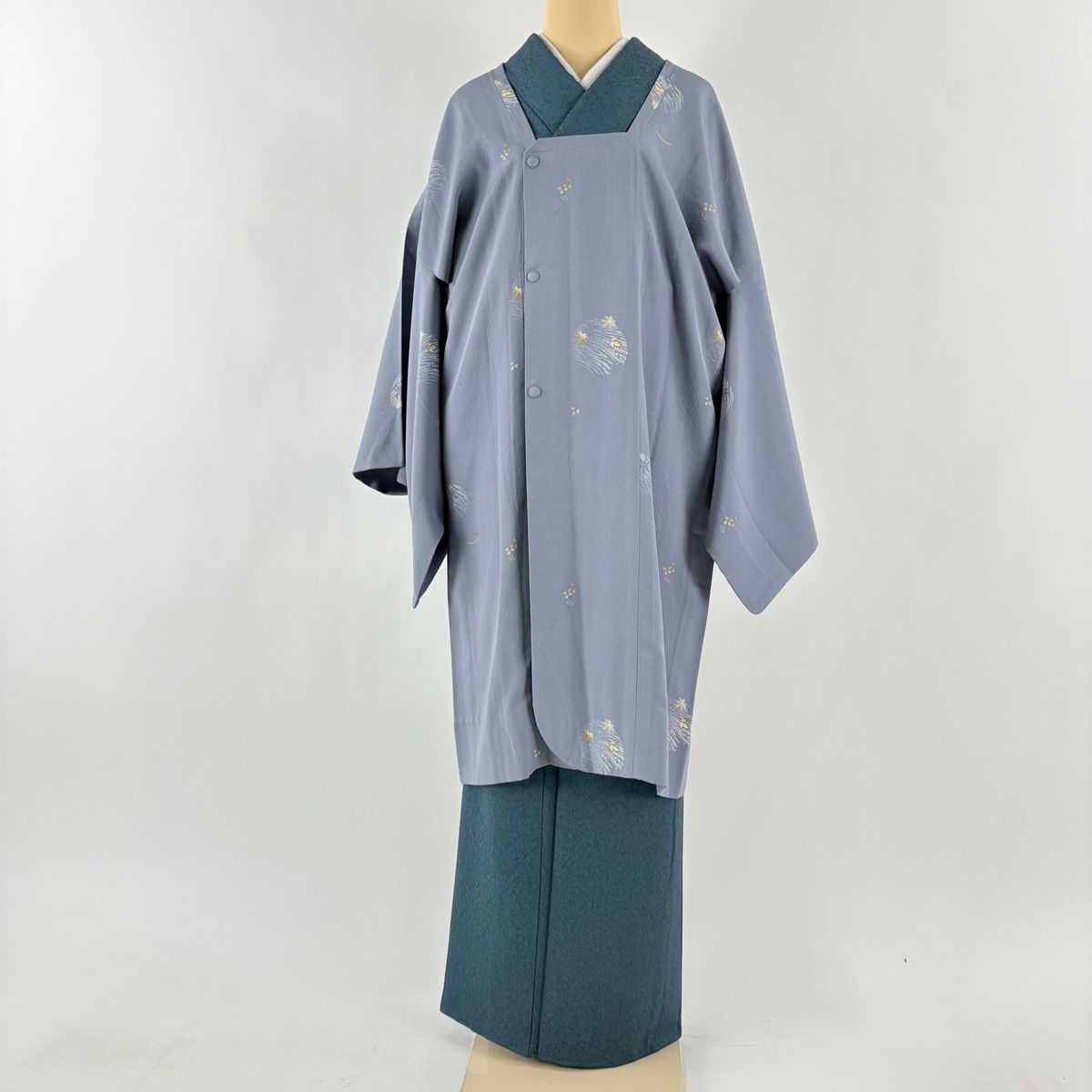 道行 身丈102 cm 裄丈71 L 和装コート 角衿 紅葉 萩 青灰色 正絹 秀品