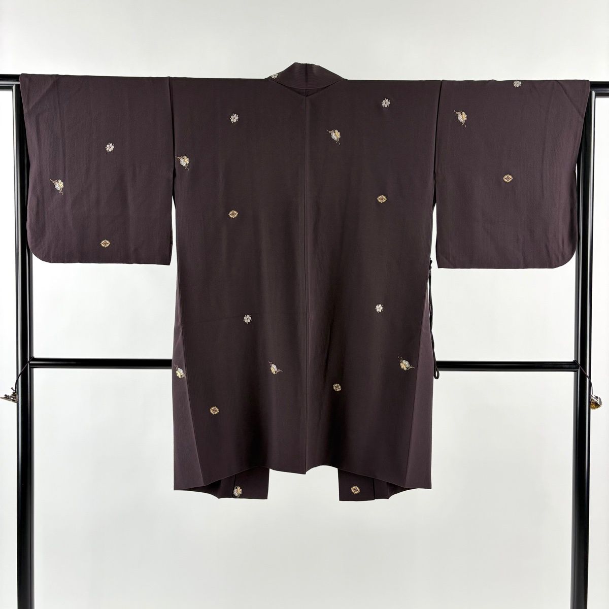 道中着 身丈95 cm 裄丈63.5 S 和装コート 花 七宝 刺繍 金糸 茶紫 正絹 秀品