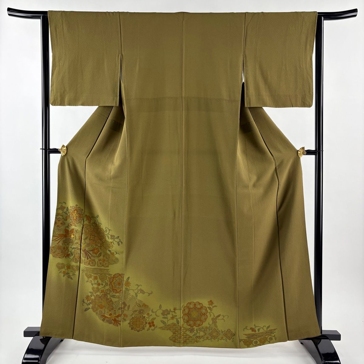 付下げ 身丈161 cm 裄丈63.5 S 袷 鳥 華文 刺繍 ぼかし 茶緑色 正絹 秀品