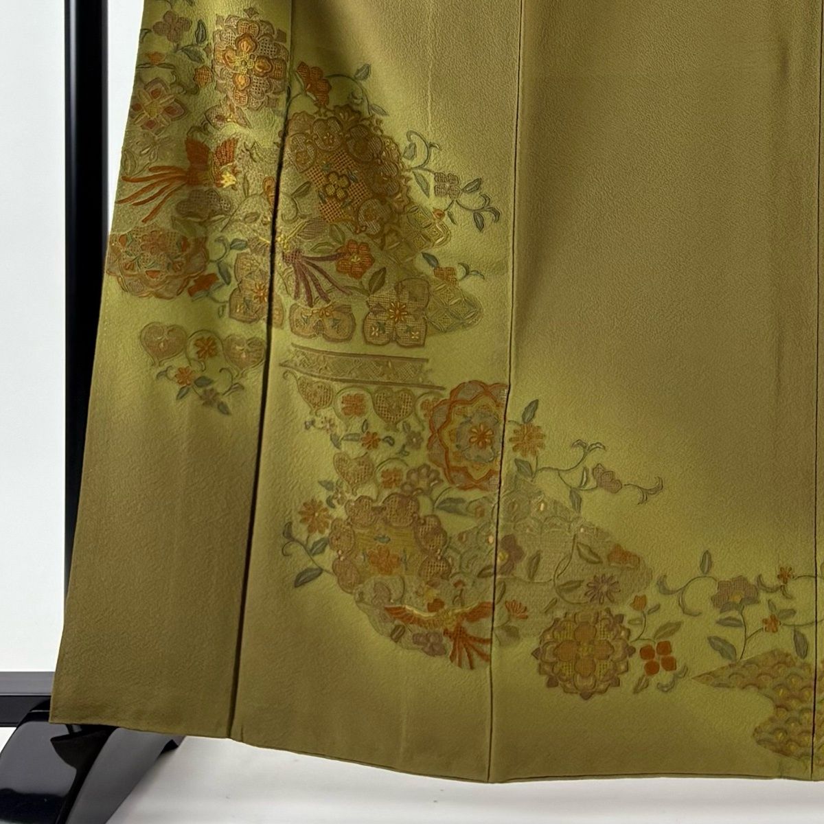 付下げ 身丈161 cm 裄丈63.5 S 袷 鳥 華文 刺繍 ぼかし 茶緑色 正絹 秀品