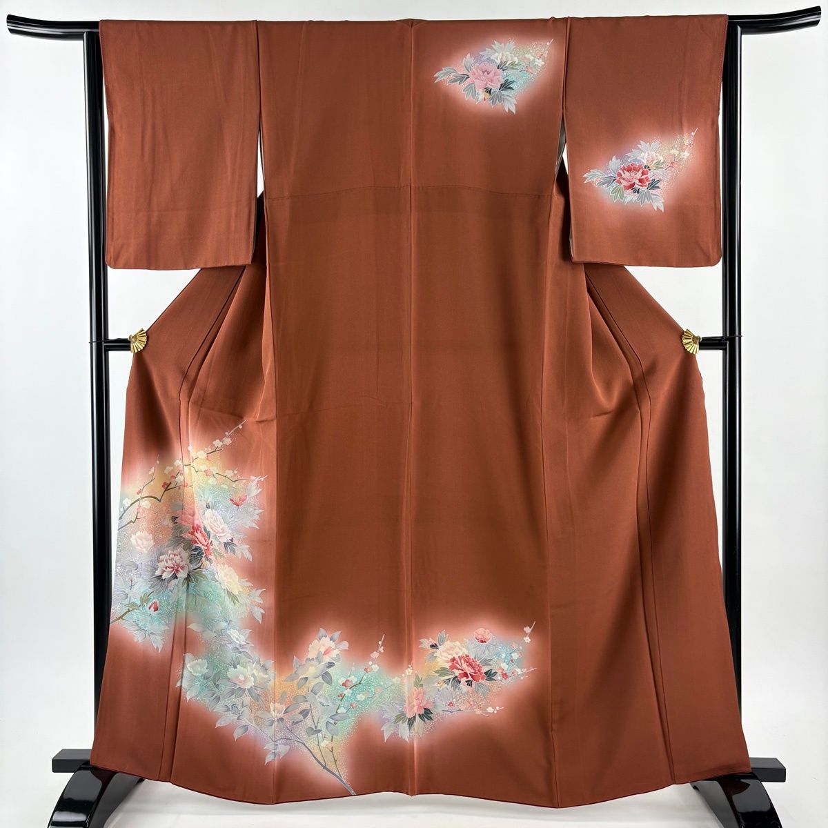 訪問着 身丈164 cm 裄丈63 5 S 袷 牡丹 枝梅 金銀彩 ぼかし 赤茶 正絹 秀品
