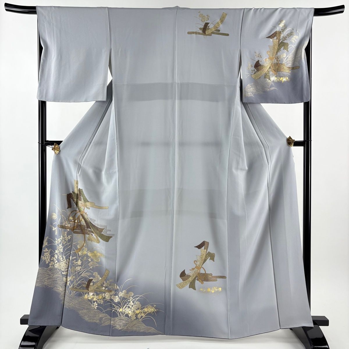 訪問着 身丈163.5 cm 裄丈67 M 袷 やまと 束ね熨斗 霞 刺繍 金糸 灰色 正絹 秀品