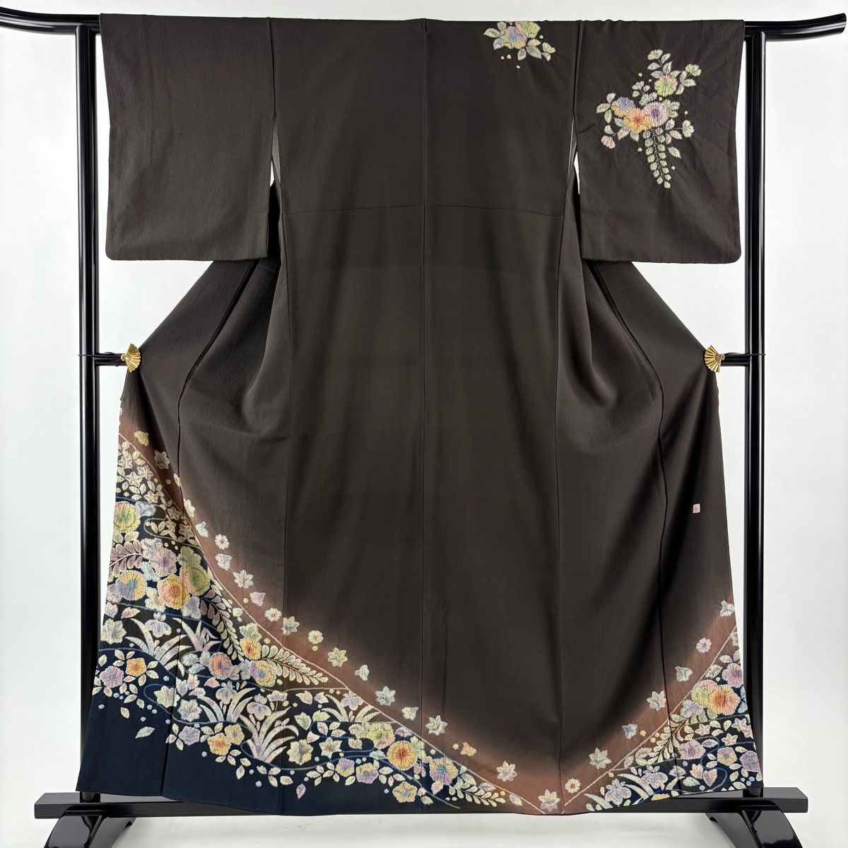 訪問着 身丈159 cm 裄丈63 S 袷 落款 辻が花 流水 染め分け ぼかし 焦茶色 正絹 秀品