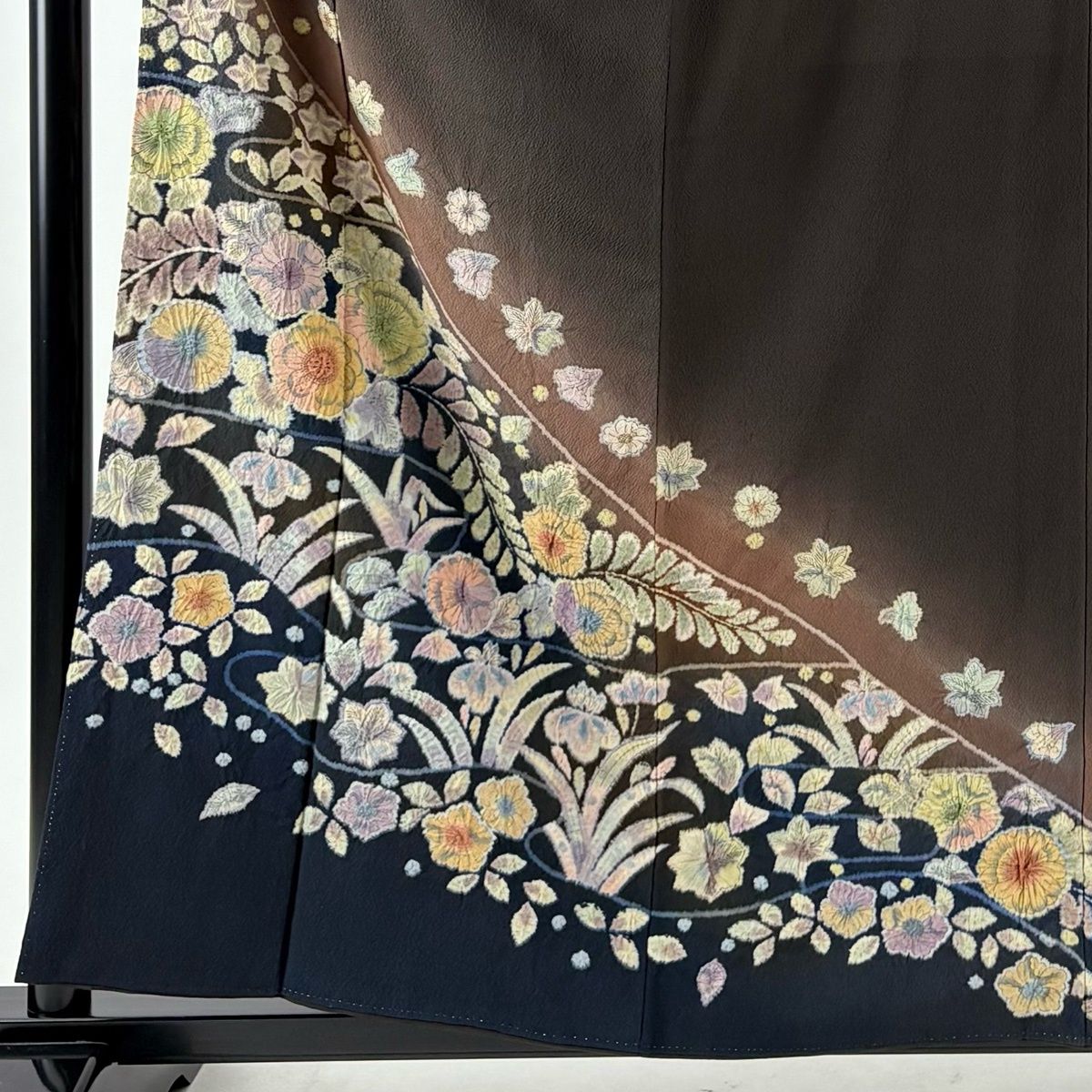 訪問着 身丈159 cm 裄丈63 S 袷 落款 辻が花 流水 染め分け ぼかし 焦茶色 正絹 秀品