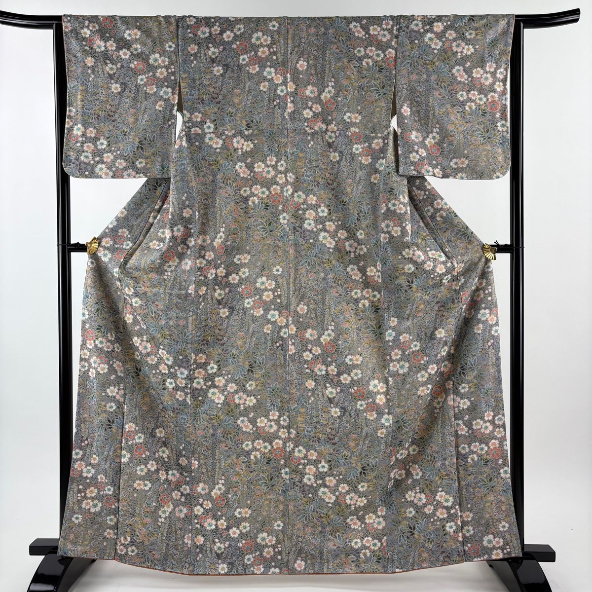 美品】 小紋 身丈164cm 裄丈64.5cm M 袷 草花 金彩 ぼかし 灰紫 正絹