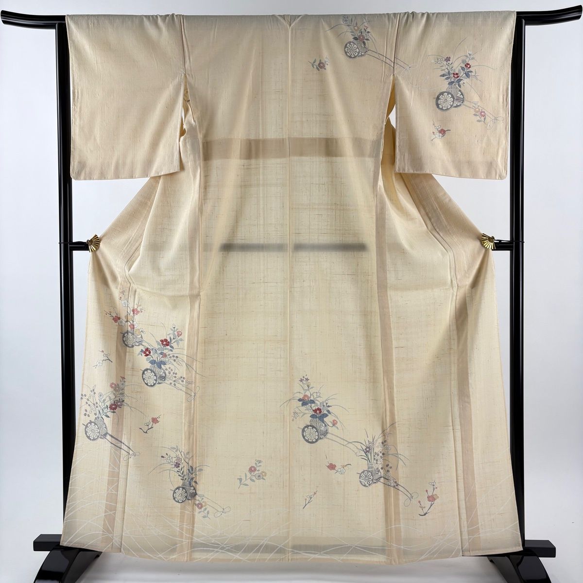 訪問着 身丈163 5 cm 裄丈64 M 単衣 紬地 花車 枝梅 銀彩 ベージュ 正絹 秀品