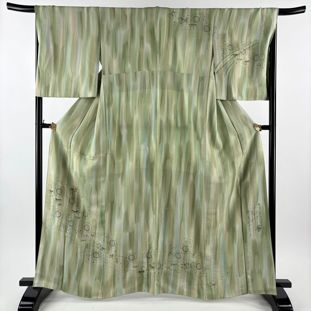 訪問着 身丈164 cm 裄丈68 L 袷 落款 辻が花柄 笹 ぼかし よもぎ色 正絹 秀品