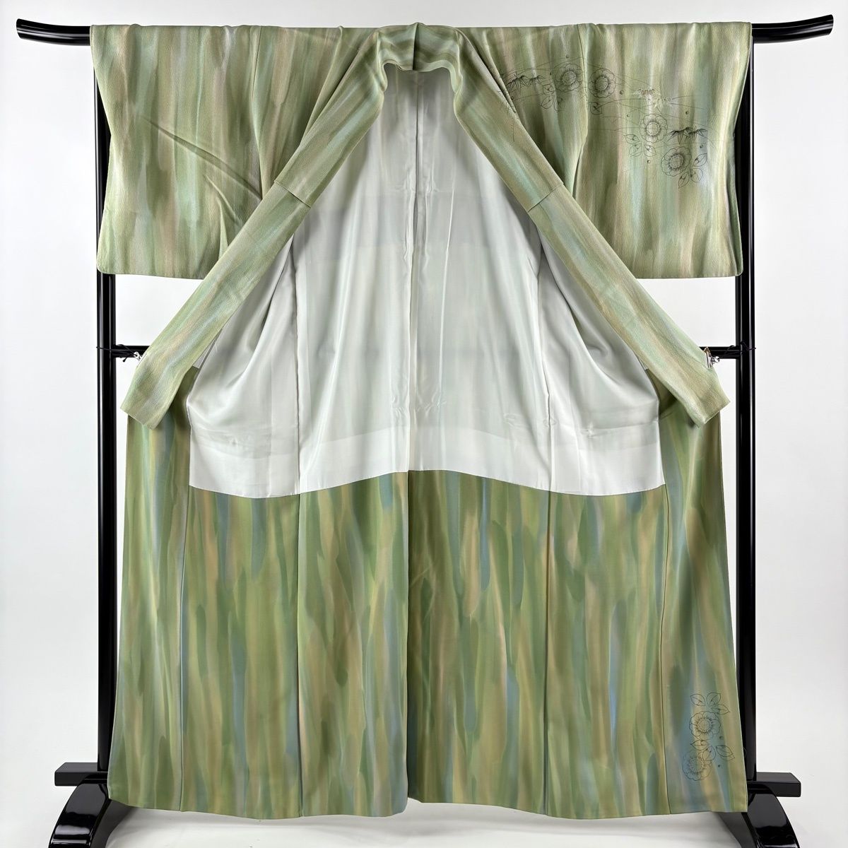  訪問着 身丈164 cm 裄丈68 L 袷 落款 辻が花柄 笹 ぼかし よもぎ色 正絹 秀品 訪問着 付け下げ 着物