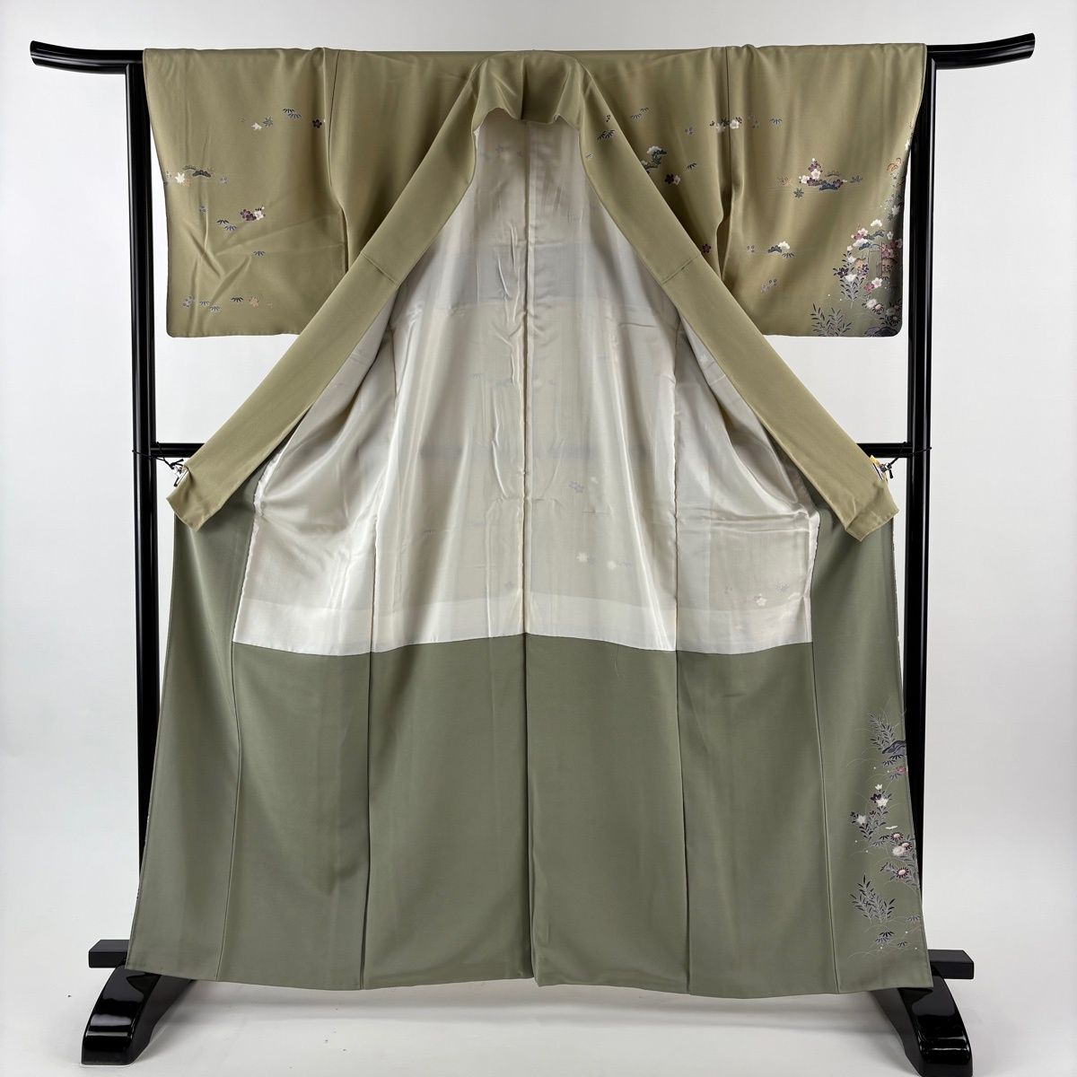  訪問着 身丈163 cm 裄丈66 M 袷 落款 松竹梅 家屋 ぼかし 鶯色 正絹 訪問着 付け下げ 着物