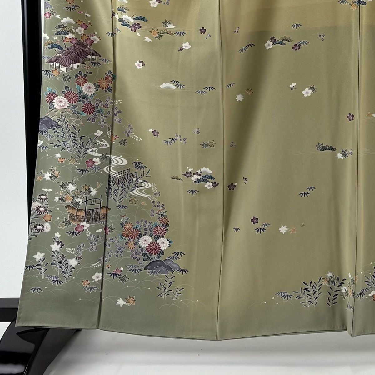 訪問着 身丈163 cm 裄丈66 M 袷 落款 松竹梅 家屋 ぼかし 鶯色 正絹