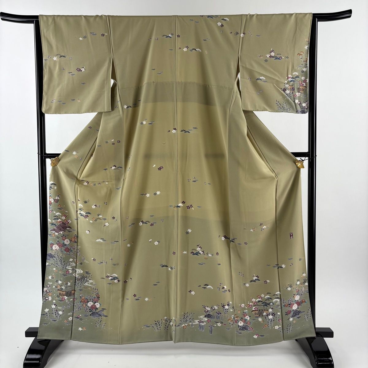 訪問着 身丈163 cm 裄丈66 M 袷 落款 松竹梅 家屋 ぼかし 鶯色 正絹