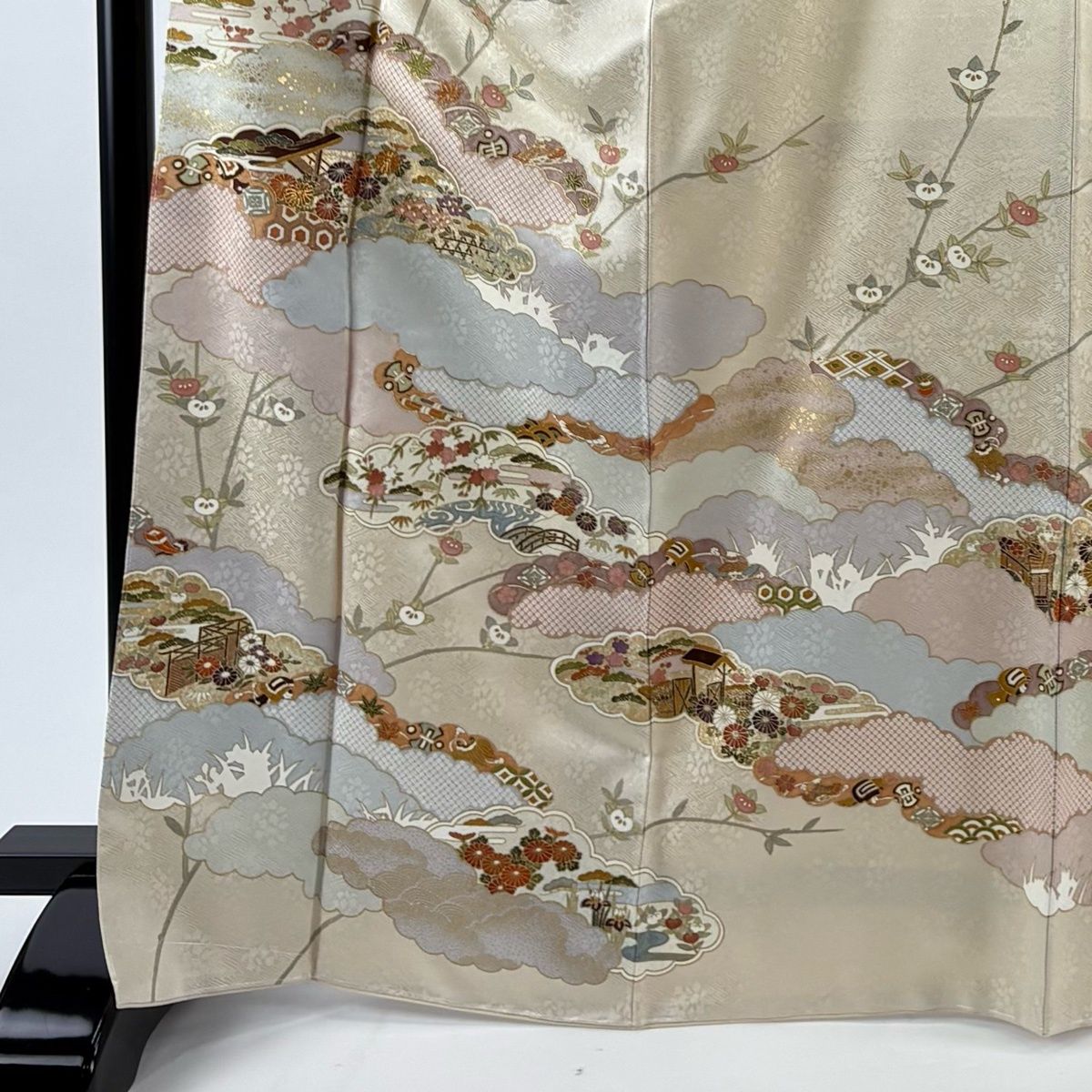 訪問着 身丈168.5 cm 裄丈70 L 袷 雲文 草花 金彩 金糸 クリーム 正絹