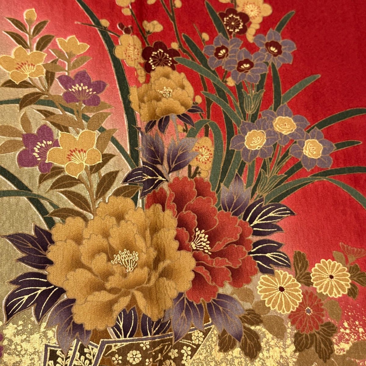 振袖 身丈164cm 裄丈68cm L 袷 花熨斗 亀甲 小売 金彩 染め分け 赤