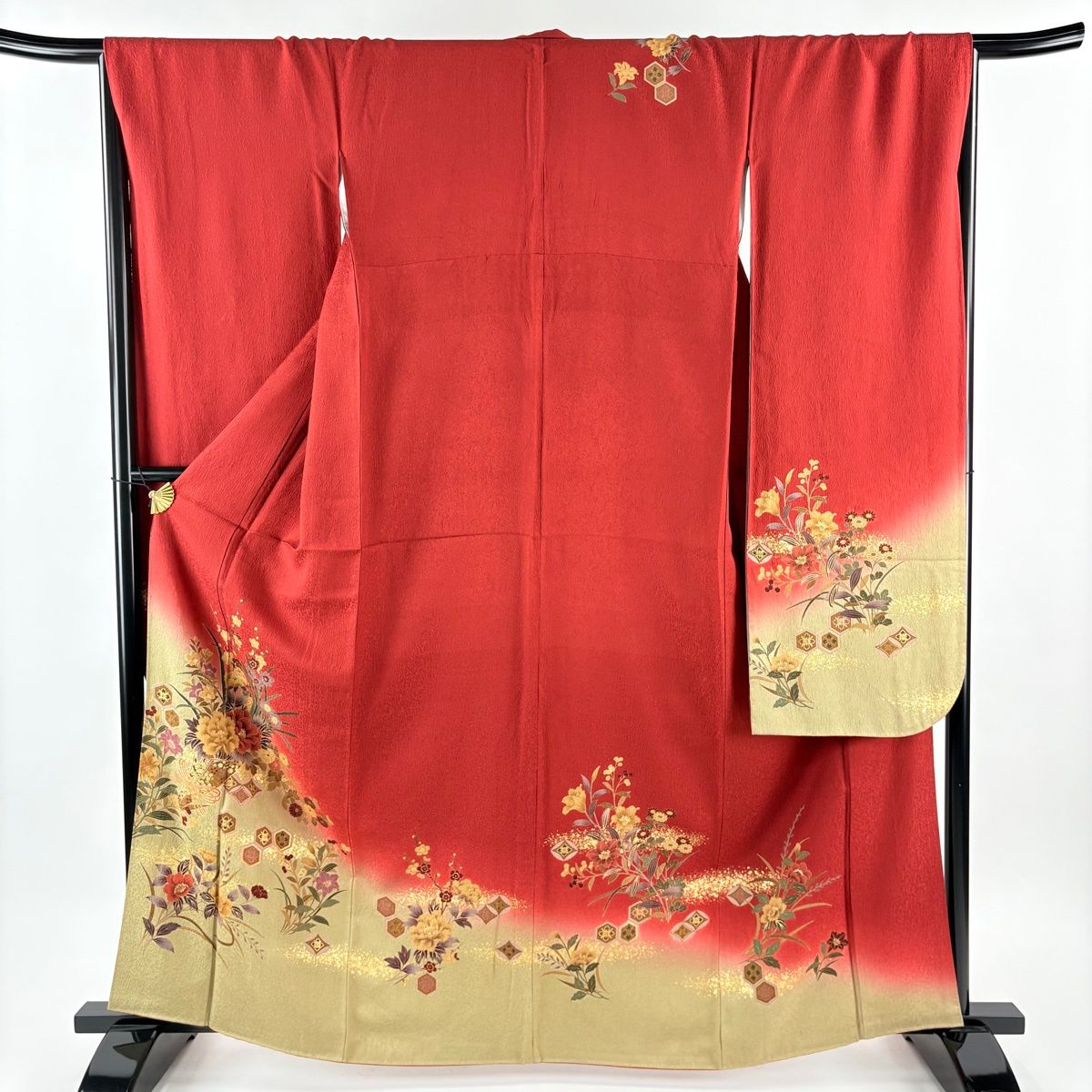 振袖 御所車 花模様 花亀甲 生成色 金彩 トールサイズ KK-2123 振袖 御所車 花模様 花亀甲 生成色 金彩 トールサイズ KK-2123