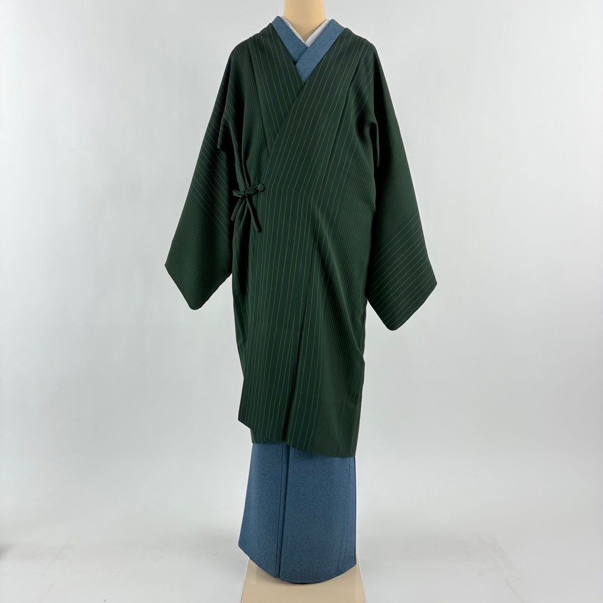 道中着 身丈109.5 cm 裄丈68 L 和装コート 縦縞 深緑 正絹