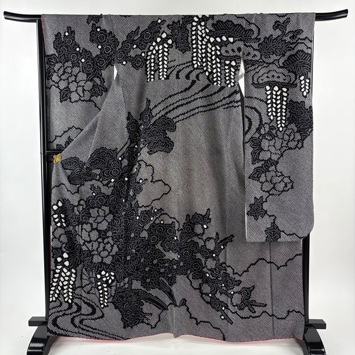 振袖 身丈163 cm 裄丈69.5 L 袷 花車 流水 総絞り 黒 正絹