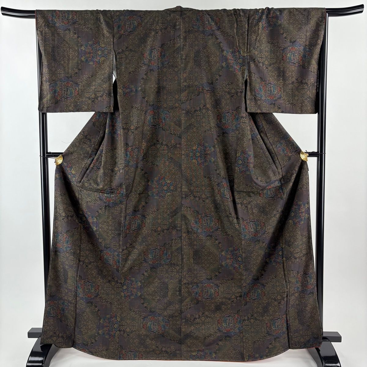 紬 身丈169 cm 裄丈68 5 L 袷 草花 華文 茶緑色 正絹