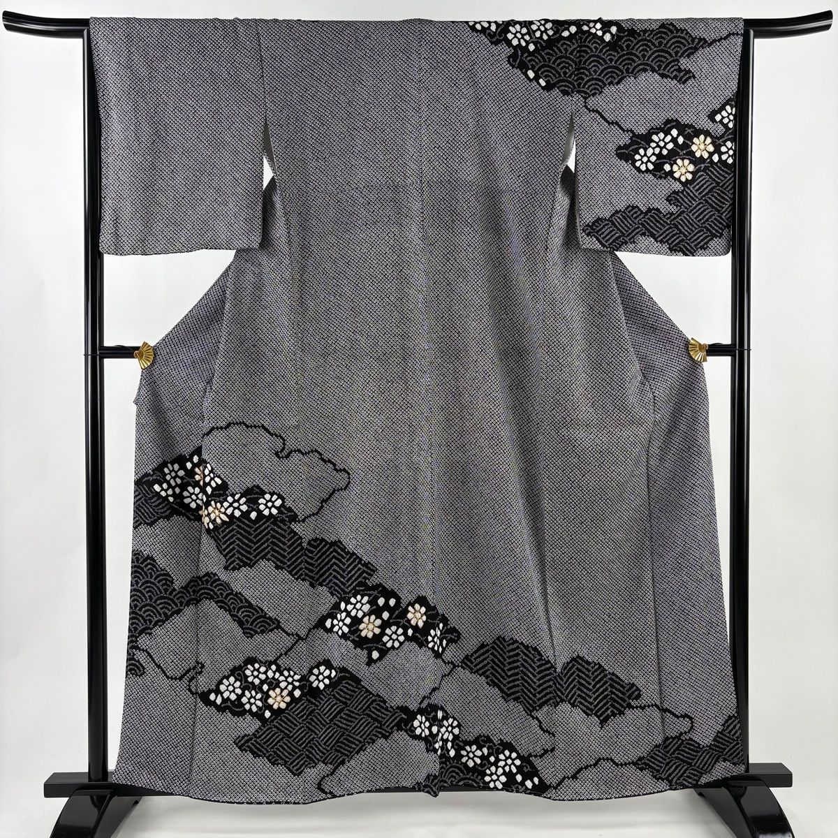 訪問着 身丈160 5 cm 裄丈66 M 袷 花 雲文 金糸 絞り 黒 正絹