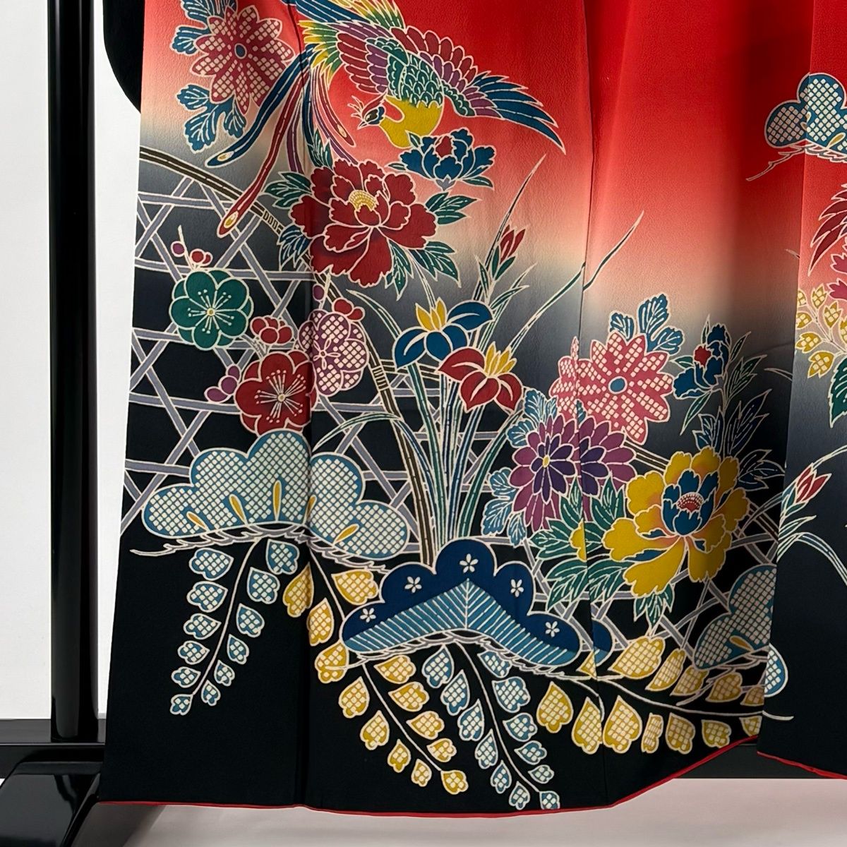 美品】 振袖 身丈161cm 裄丈63.5cm S 袷 鳳凰 牡丹 ぼかし 朱色 正絹
