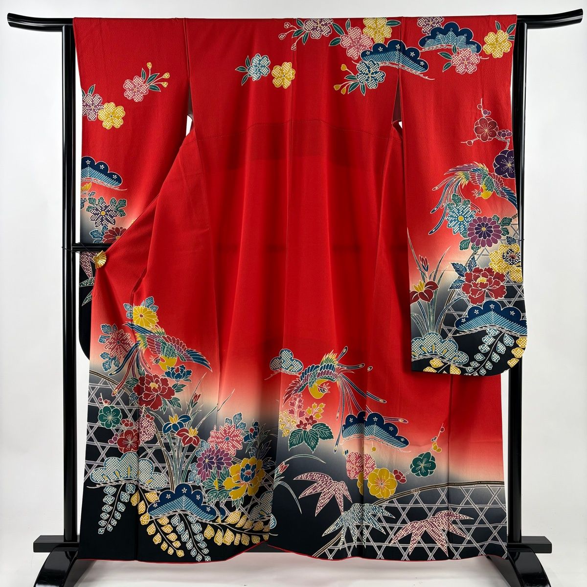 振袖 身丈161 cm 裄丈63.5 S 袷 鳳凰 牡丹 ぼかし 朱色 正絹