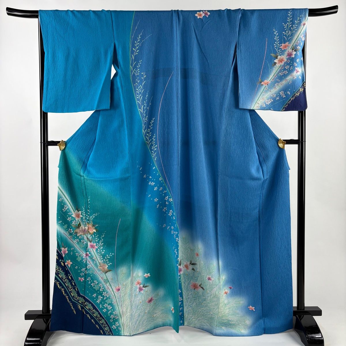 訪問着 身丈157 5 cm 裄丈69 L 袷 やまと 草花 孔雀の羽 金銀糸 金彩 青 正絹