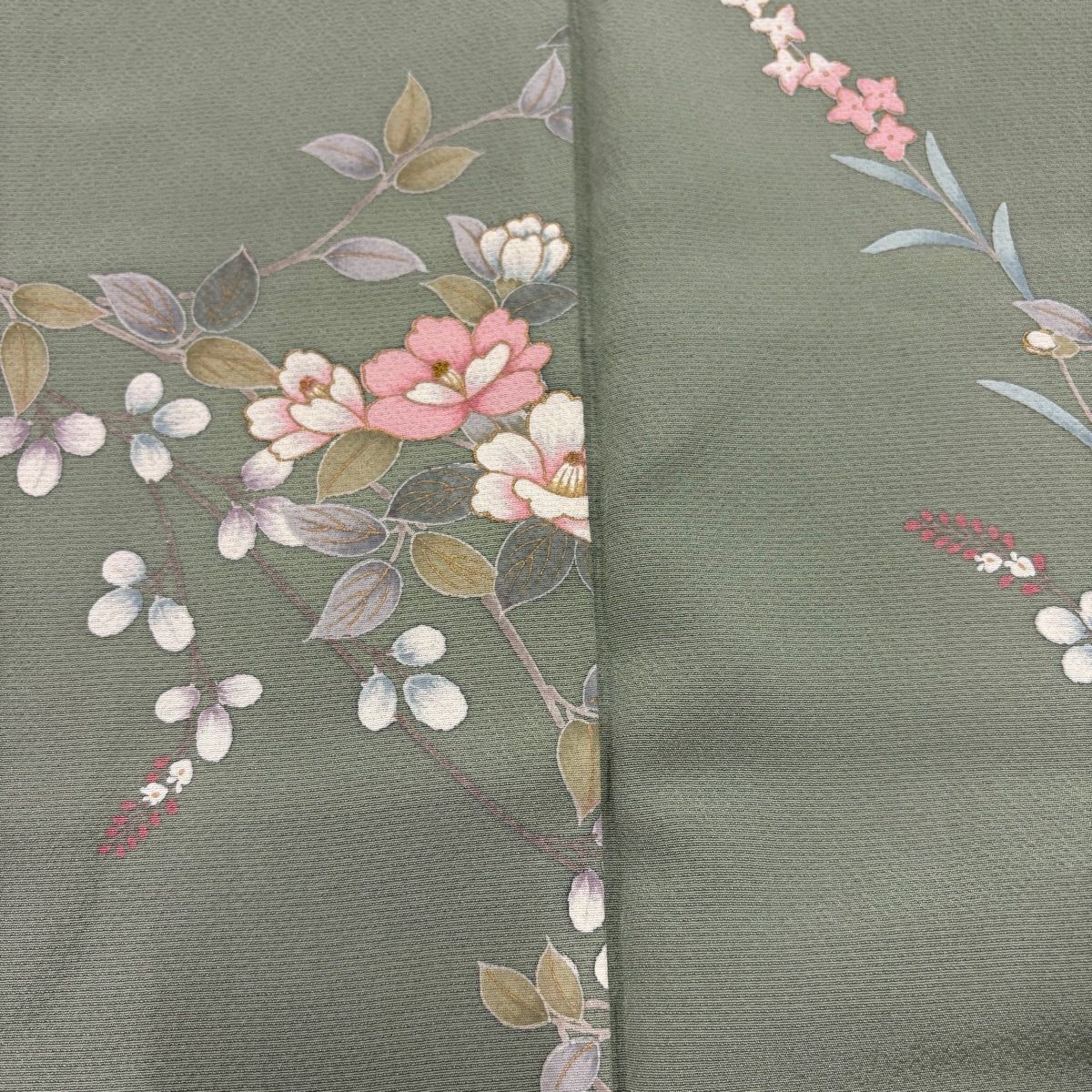 小紋 身丈167 cm 裄丈69 L 袷 椿 萩 金彩 灰緑 正絹 小紋 着物
