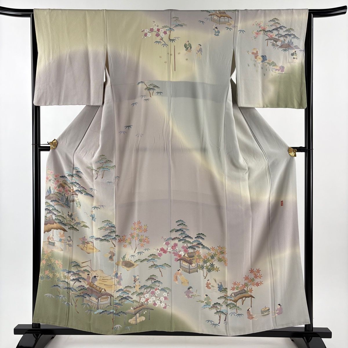 訪問着 身丈157 5 cm 裄丈65 M 袷 田村哲彦 落款 建物 人物 薄紫 正絹