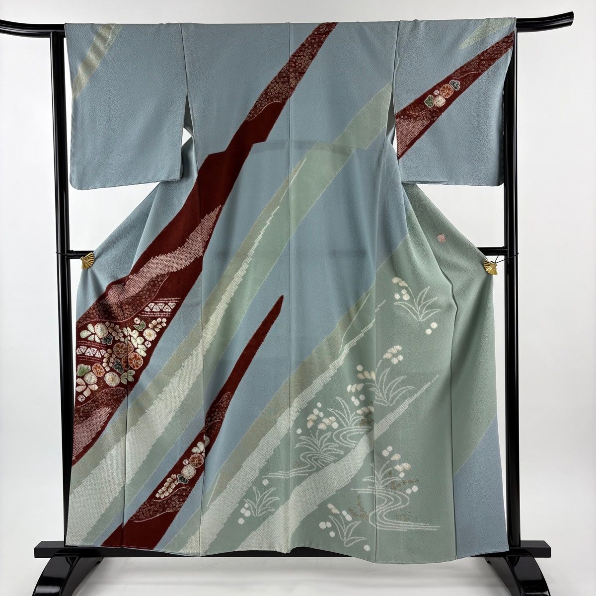 訪問着 身丈159 cm 裄丈65 M 袷 滝泰 落款 辻が花 霞 金彩 染め分け 水色 正絹