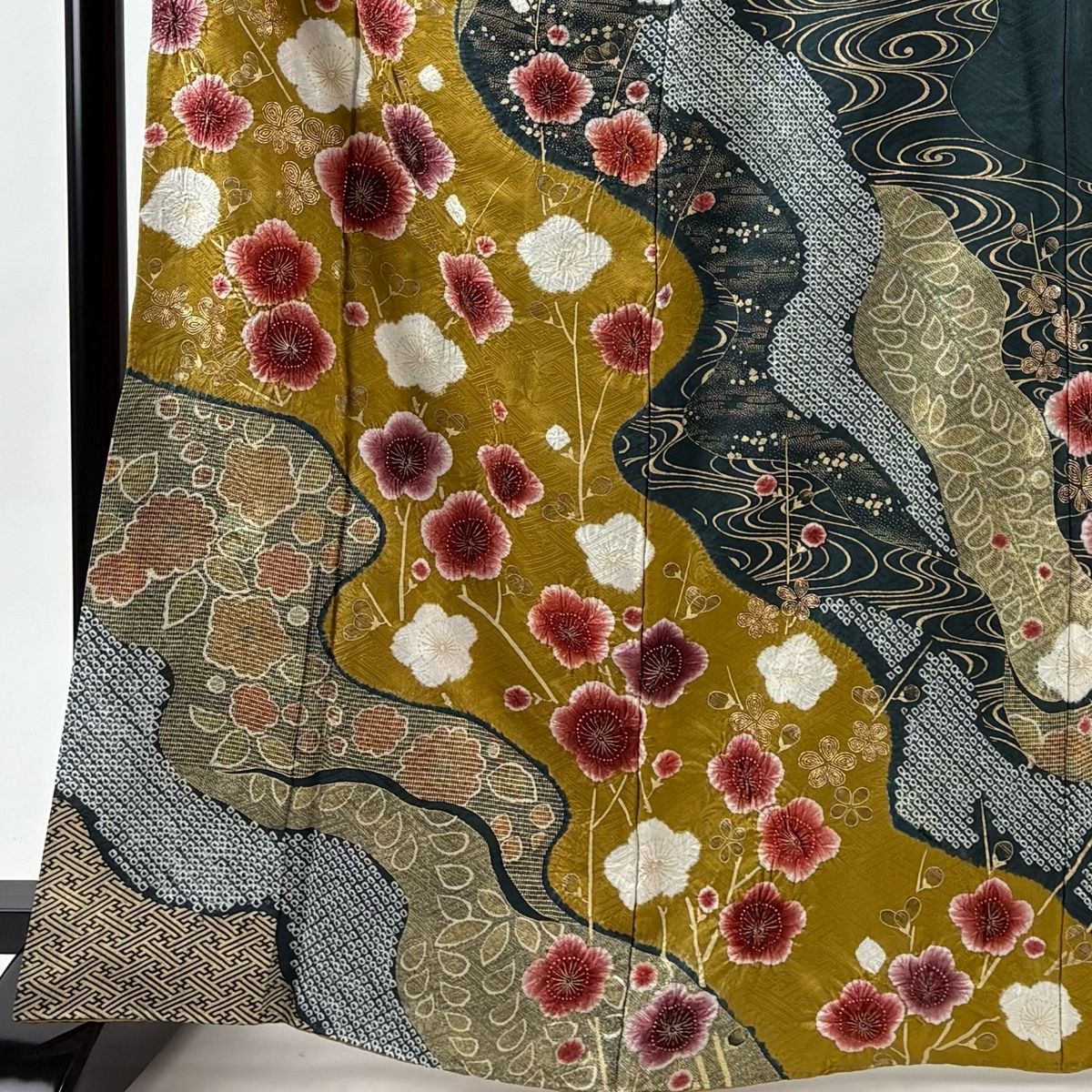 訪問着 身丈167 cm 裄丈63 S 袷 霞 梅 絞り 金彩 山吹茶色 正絹