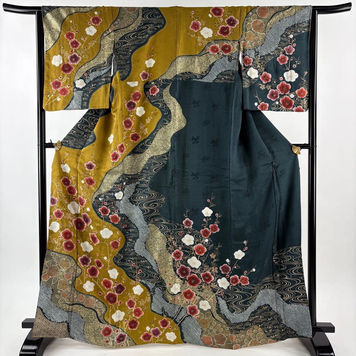 訪問着 身丈167 cm 裄丈63 S 袷 霞 梅 絞り 金彩 山吹茶色 正絹