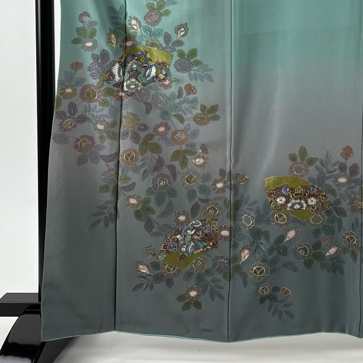 訪問着 身丈163 cm 裄丈66 M 袷 扇面 草花 刺繍 金糸 青緑 正絹