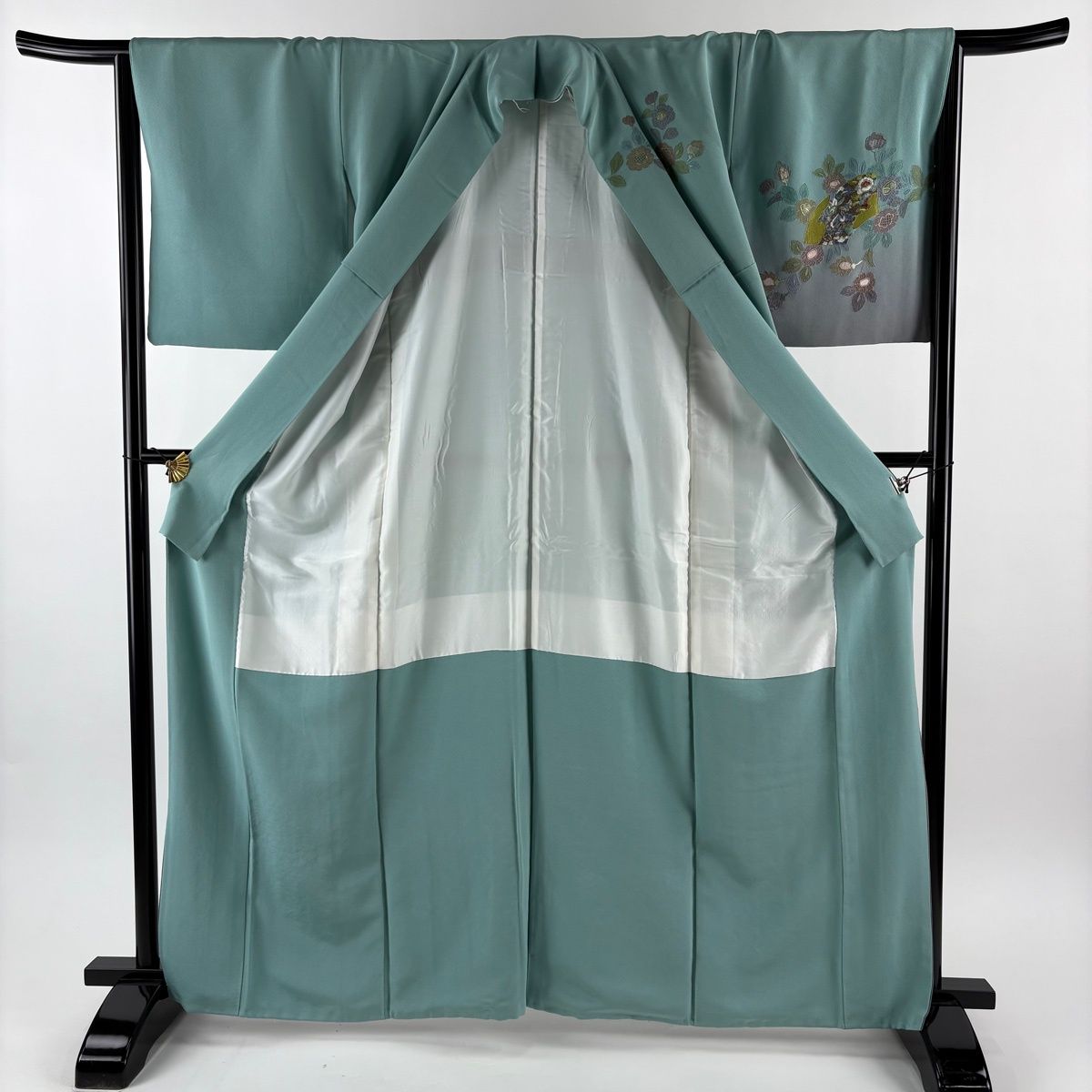  訪問着 身丈163 cm 裄丈66 M 袷 扇面 草花 刺繍 金糸 青緑 正絹 訪問着 付け下げ 着物