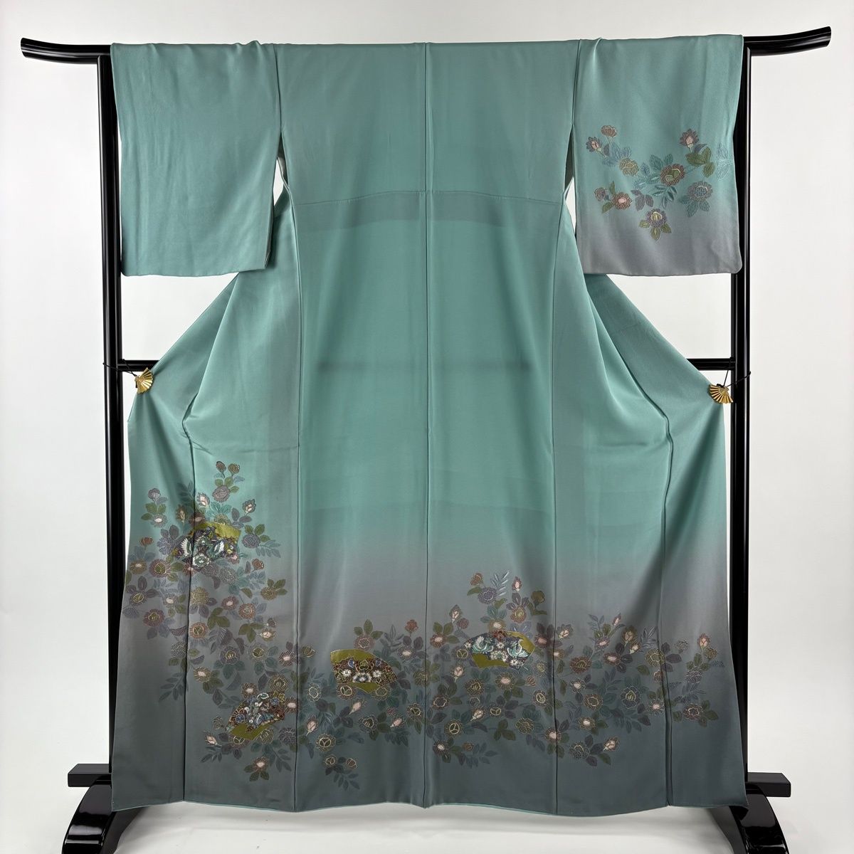 訪問着 身丈163 cm 裄丈66 M 袷 扇面 草花 刺繍 金糸 青緑 正絹